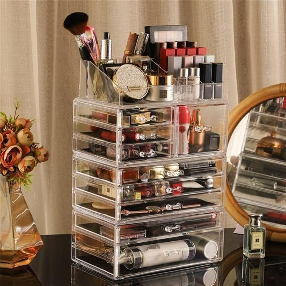 Large Clear Acrylic Makeup Organizer 9 Drawer Vanity Skincare Storage Box - Picture 6 of 7